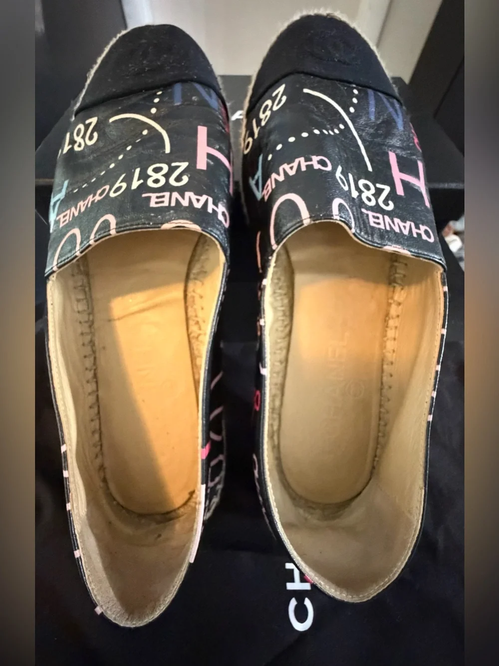 Authentic CHANEL Black Canvas Espadrilles with Pink & Blue Logo Print